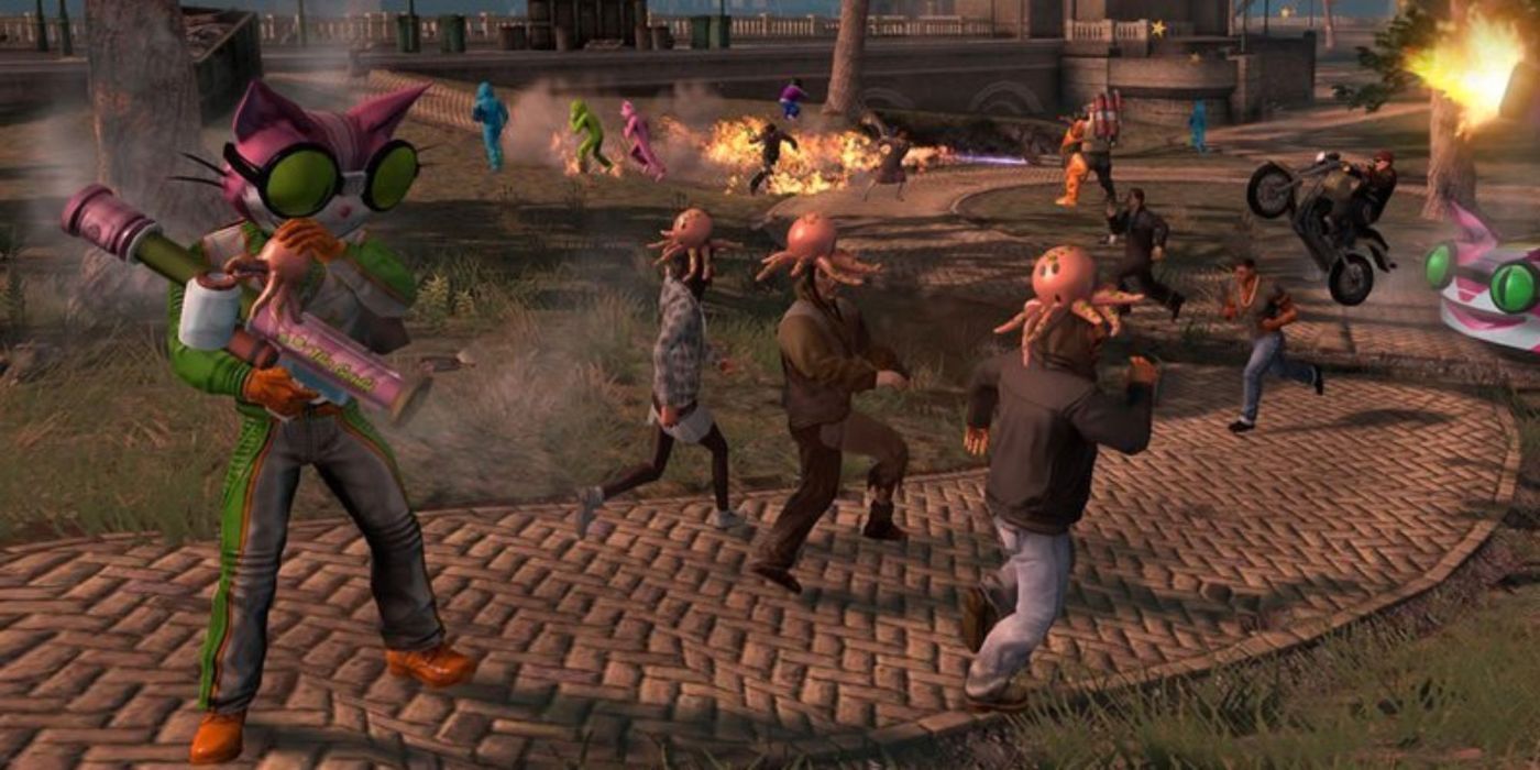 A photo of the player character using the Mollusk Launcher to fire mind-controlling octopi in Saints Row The Third.