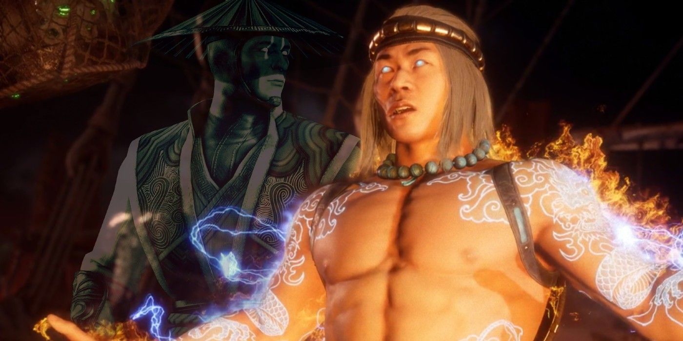 Liu Kang, do Mortal Kombat 11, coberto de chamas e tatuagens brilhantes com Raider ao fundo.