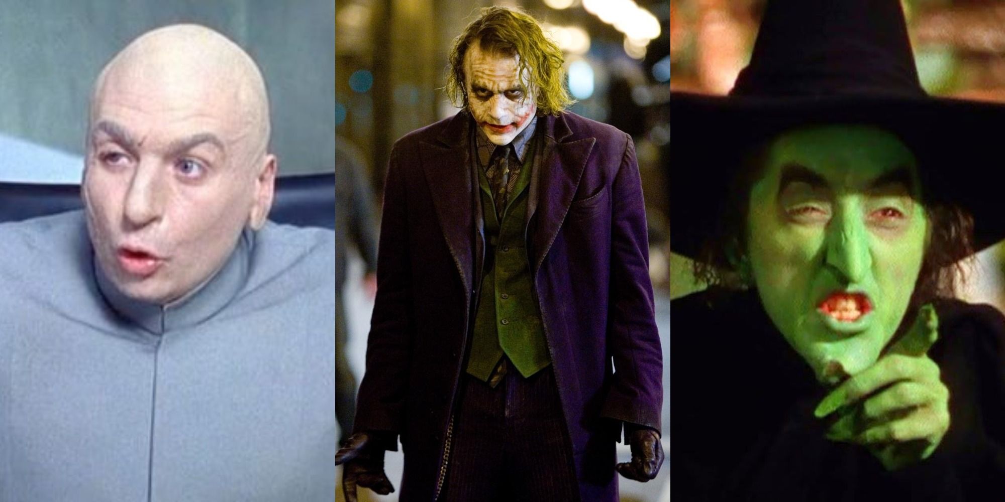 Collage of movie villains Dr Evil, The Joker, and The Wicked Witch of the West.
