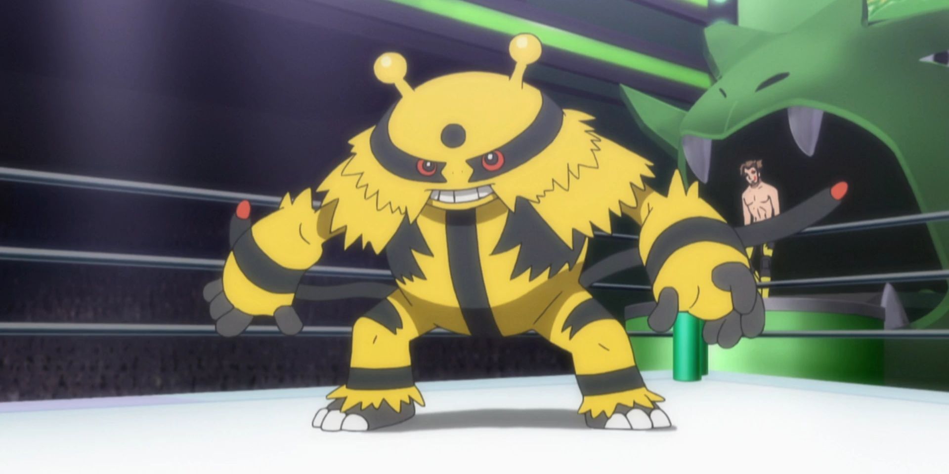 Electivire stands in a boxing rings with a trainer behind him in Pokemon anime.