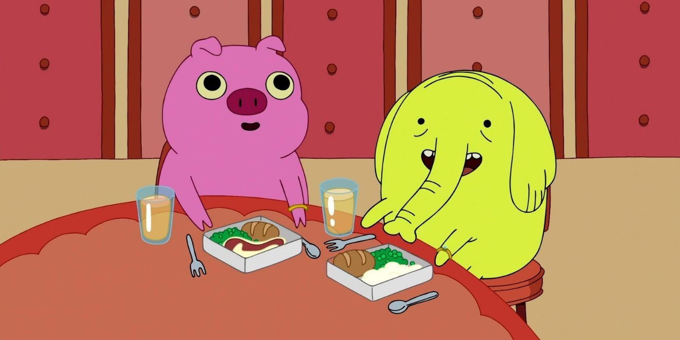 Mr Pig and Tree Trunks eating on a table