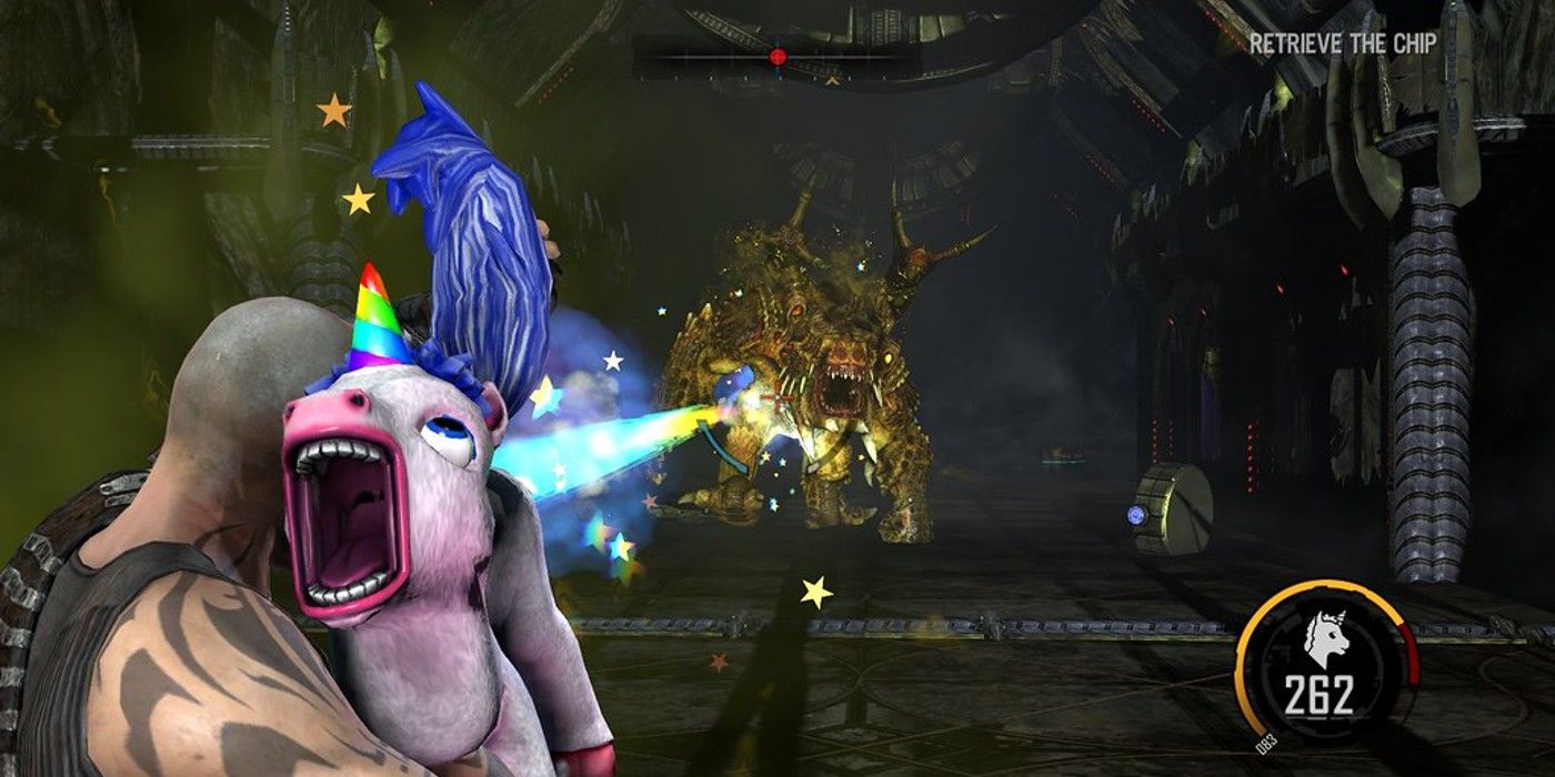 The player uses a unicorn to blast the enemy with a rainbow in Red Faction: Armageddon.