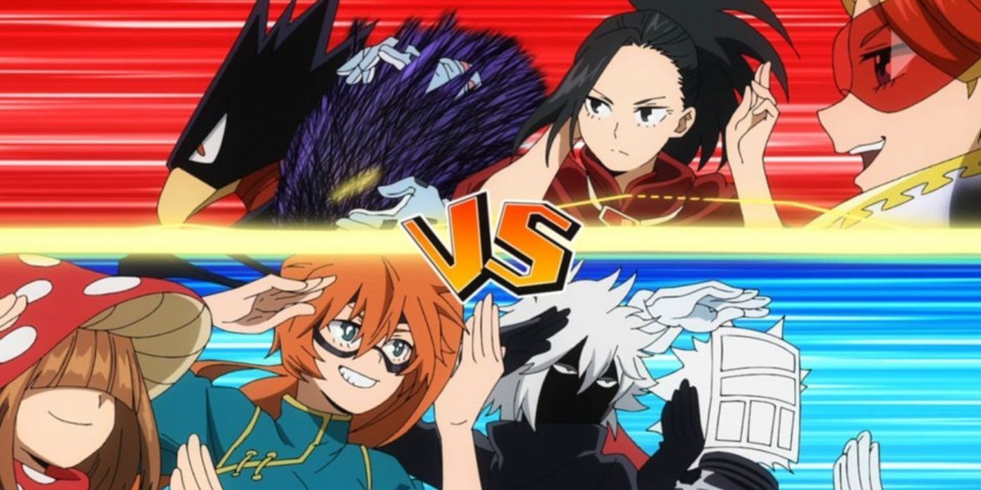Split image showing a fight between Class A and Class B in the Joint Training Arc in My Hero Academia