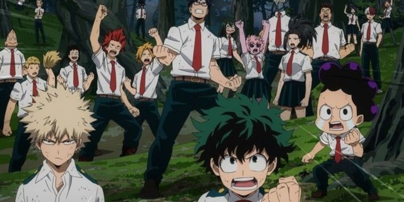 A group of characters with angry expressions during the Forest Training Camp Arc in My Hero Academia