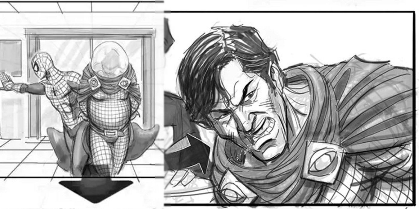 Mysterio in comic sketched storyboards without colour.
