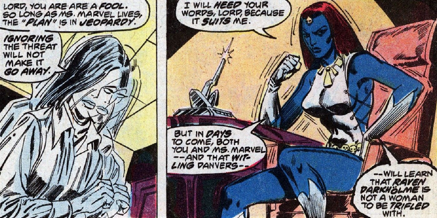 Mystique transforms into her usual blue appearance in Marvel Comics.