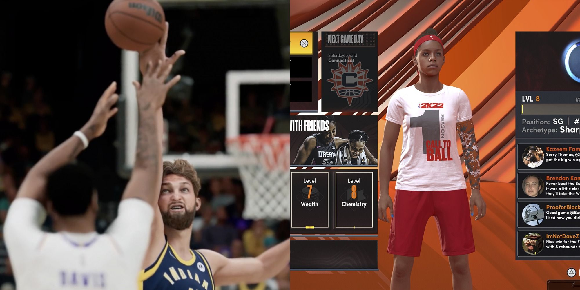 Split image of a shot getting blocked and a woman being created in NBA 2K22