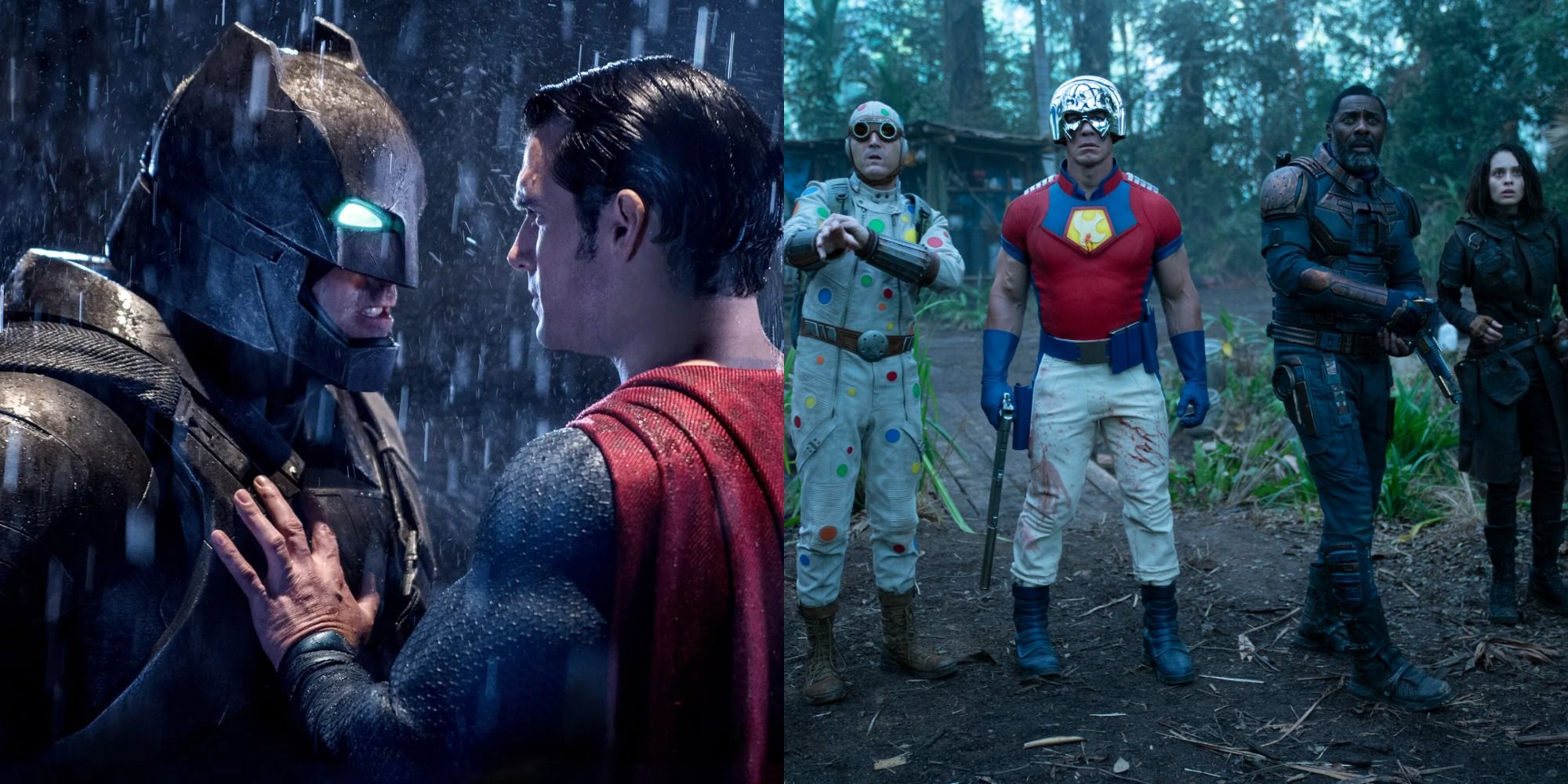 Split image of Superman pushing Batman in Batman v Superman and The Suicide Squad cast standing in the woods