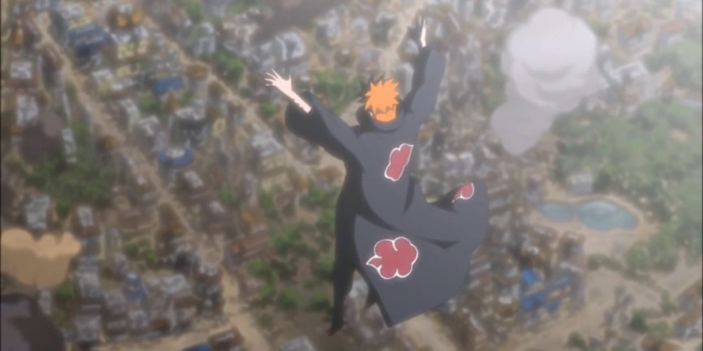 Pain floats above Kanoha raising his arms in Naruto