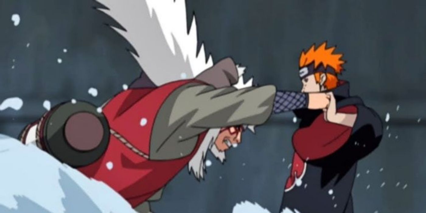 Pain stops Jiraiya's fists during their battle in Naruto