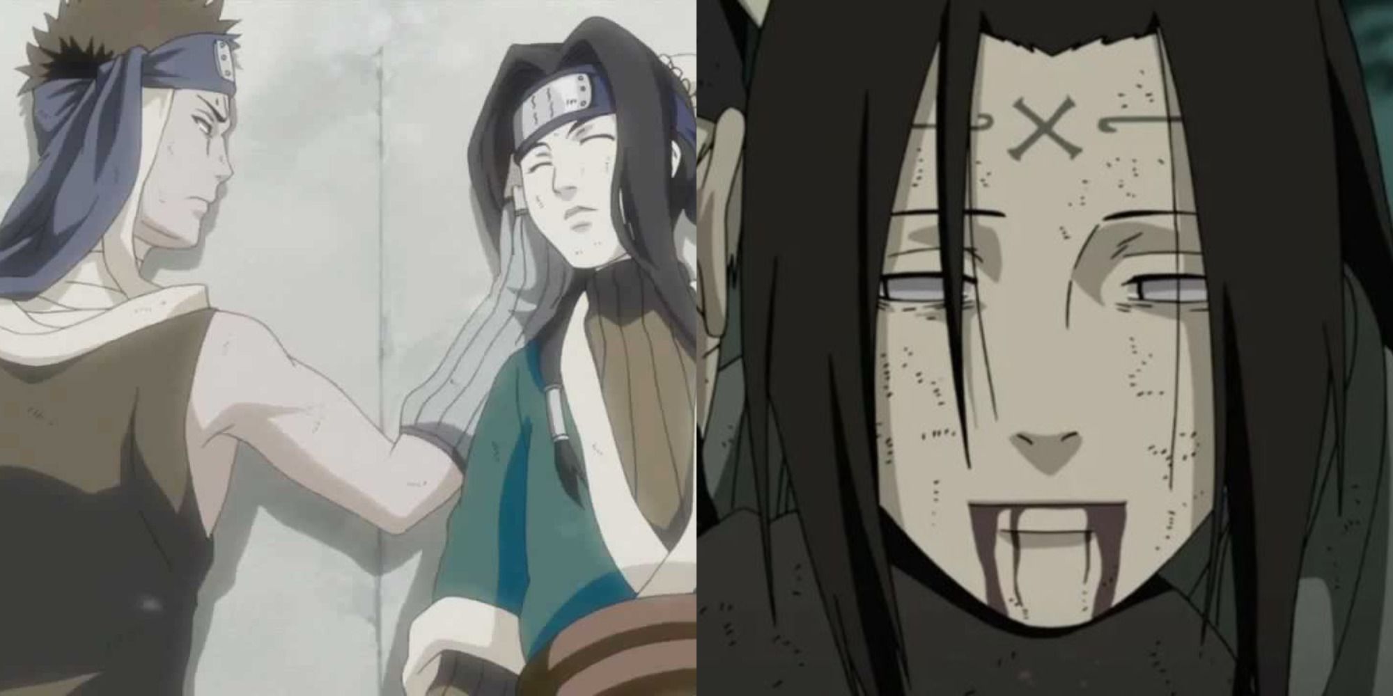 Split image showind the deaths of Zabuza and Haku, and Neji in Naruto.
