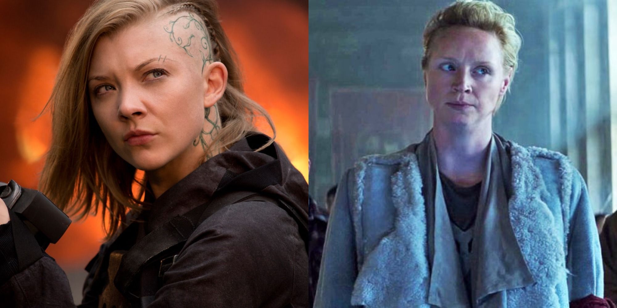 Split image Natalie Dormer And Gwendoline Christie in Hunger Games Mockingjay Part 2