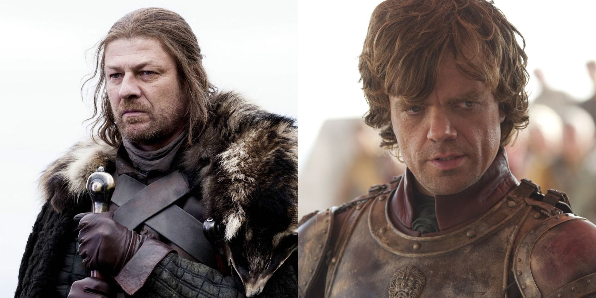 Split image of Sean Bean as Ned Stark and Peter Dinklage as Tyrion Lannister in Game of Thrones