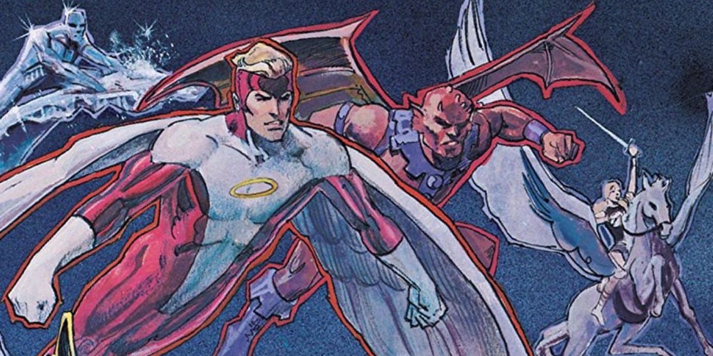 Angel and Iceman flying with fellow heroes