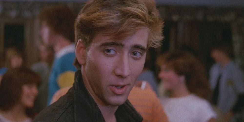 Nic Cage as Randy sports a feathery hairdo in Valley Girl