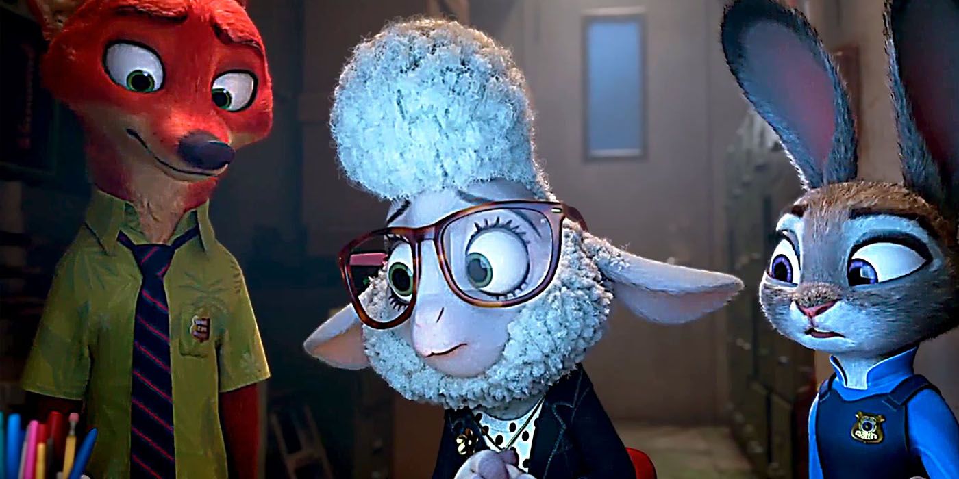 Nick, Bellweather e Judy em uma tela em Zootopia