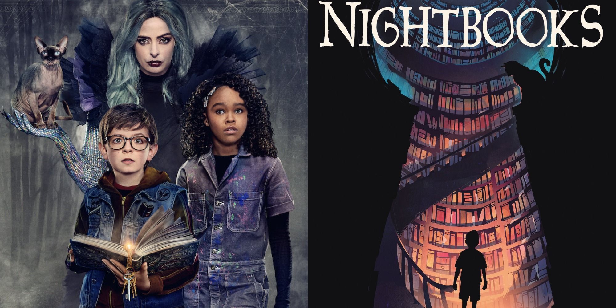 Split image showing the main characters from Nightbook and the book cover
