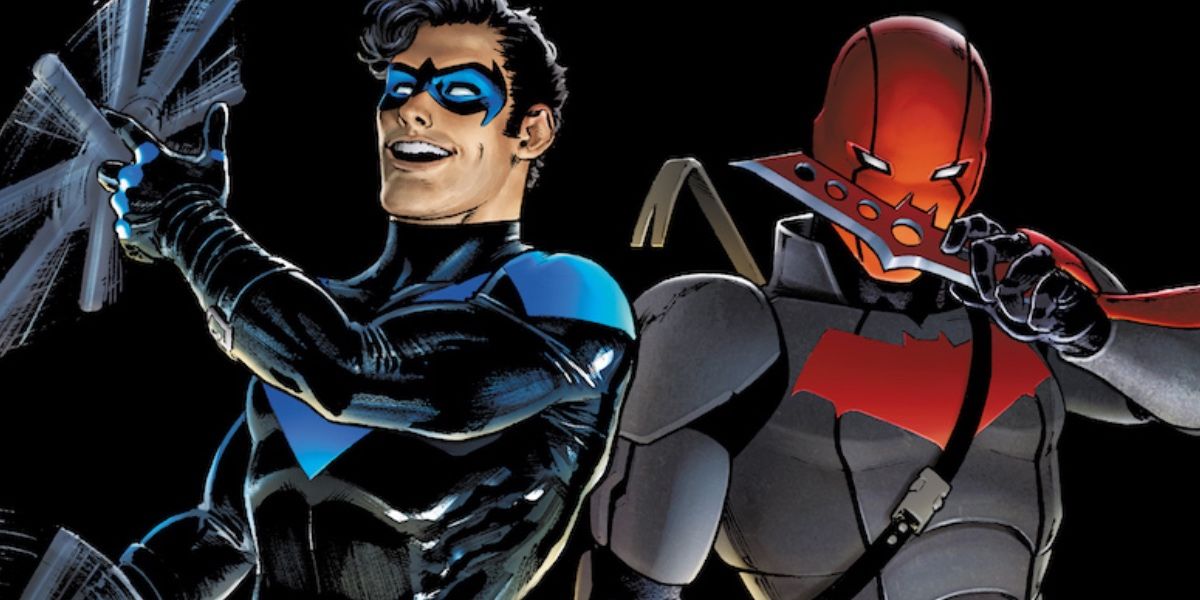 Nightwing and Red Hood standing back to back with their weapons in DC comics.