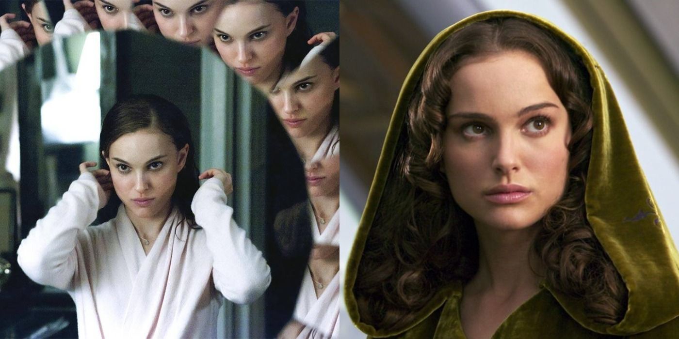 Nina from Black Swan looking in a mirror and fixing her hair, and Padme from Star Wars in a green hood