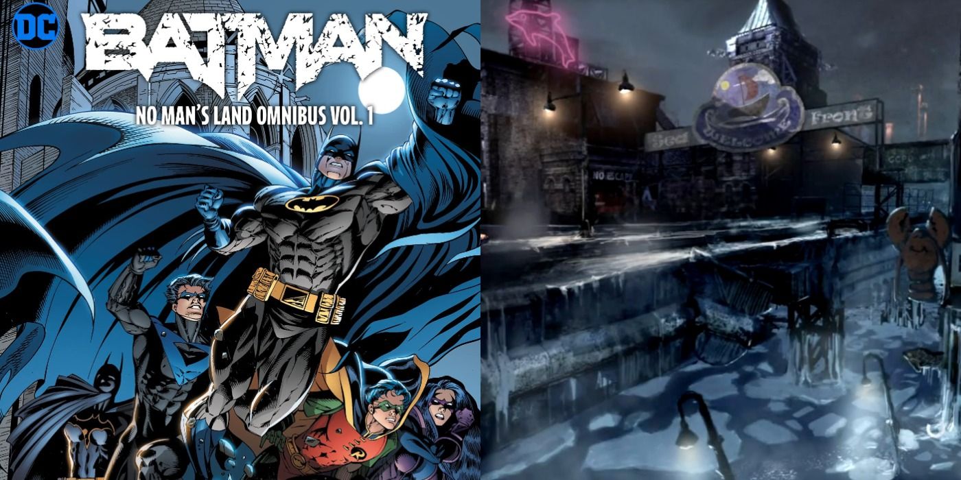 Split image of cover art for the No Man's Land Omnibus and the Amusement Mile in Arkham City