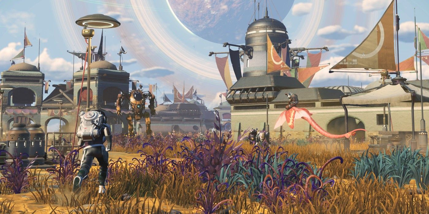 A player in No Man's Sky finds a new settlement on a colorful world