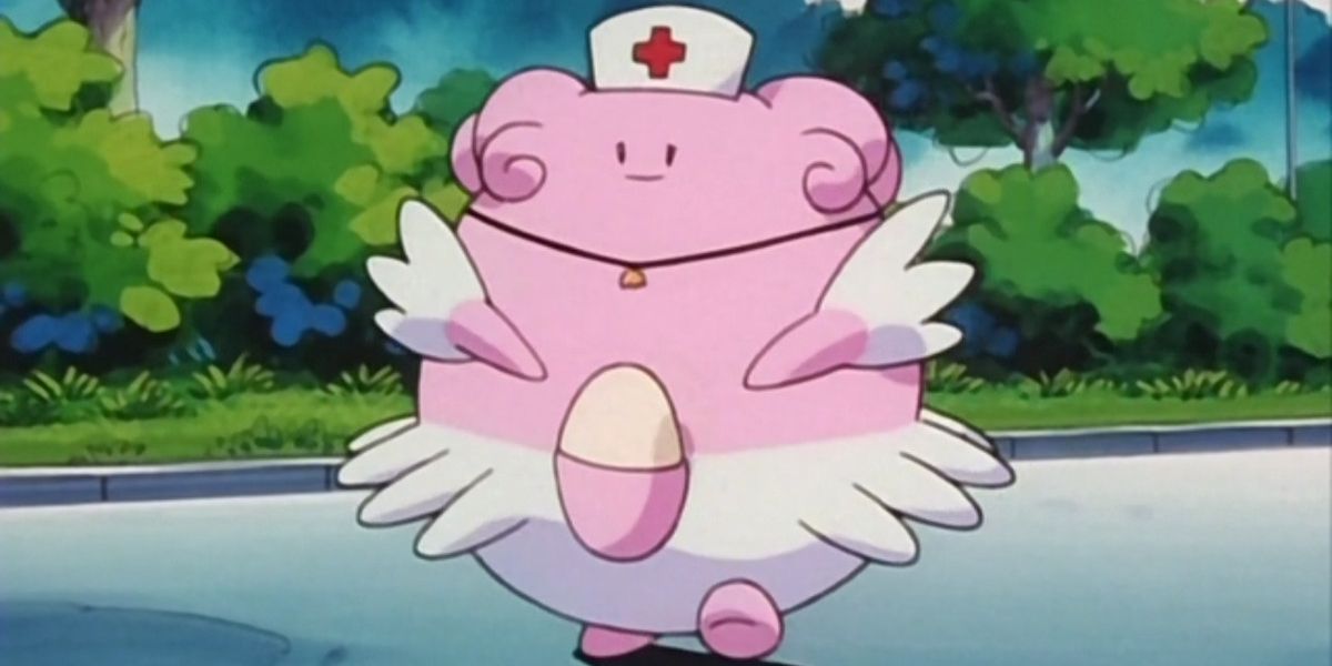 Nurse Joy Blissey walks down a road in the Pokemon anime.
