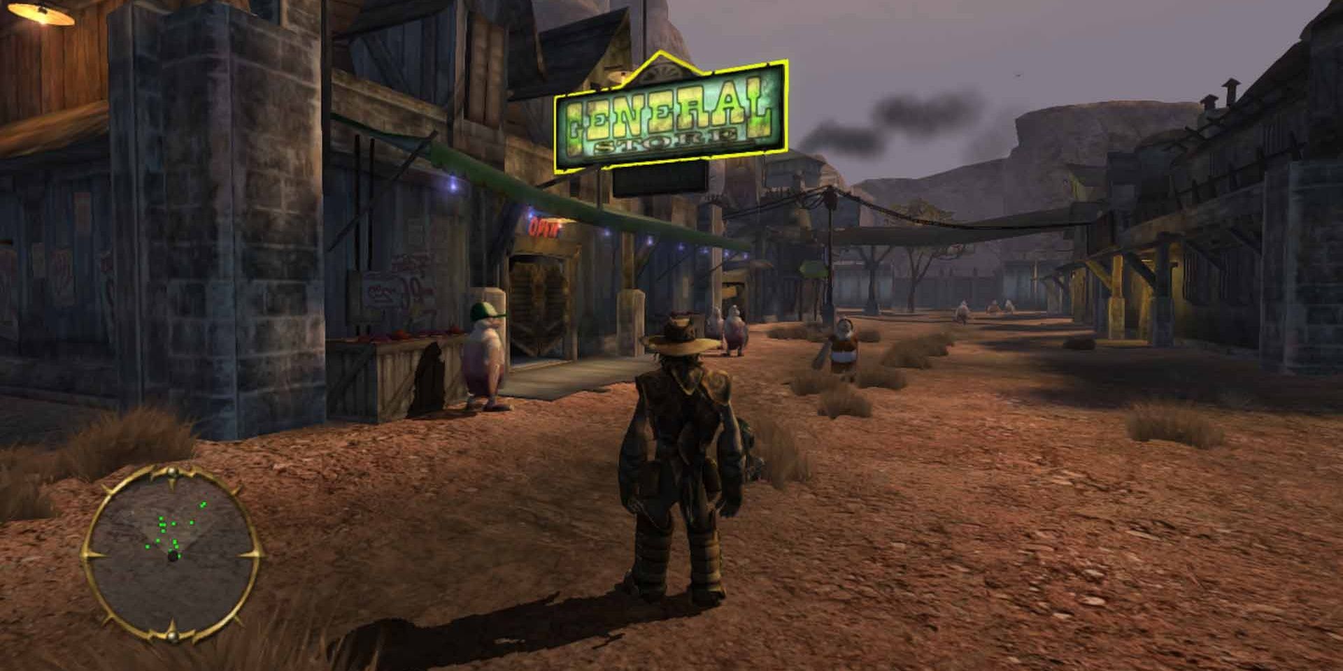 Standing in front of a general store in Oddworld