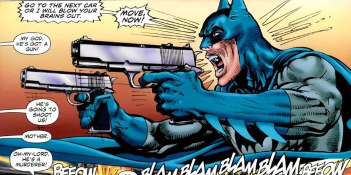 Batman threatens to kill people with guns.