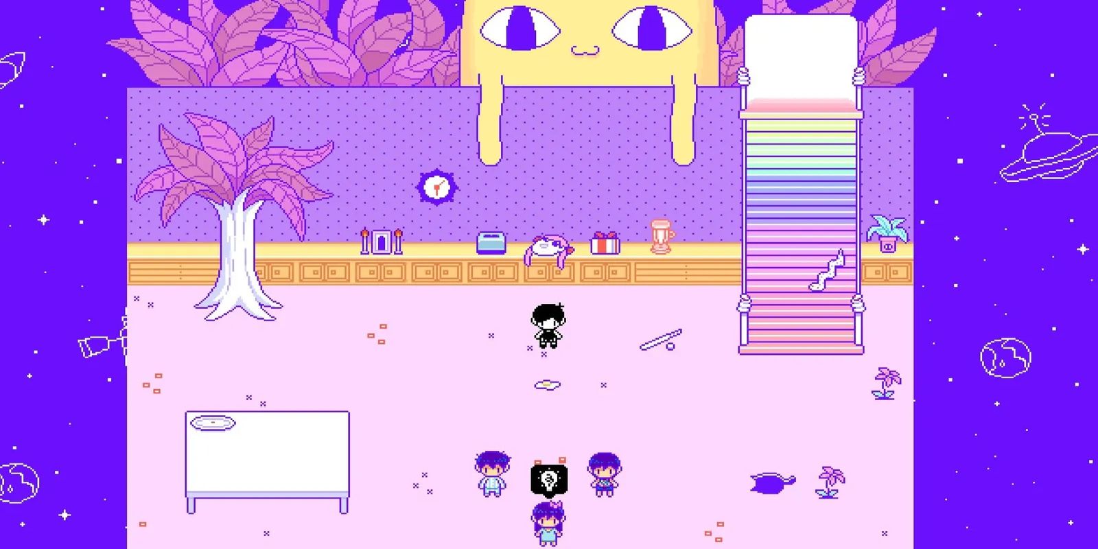 A screenshot of a giant cat looking over kids in a room in the game Omori.