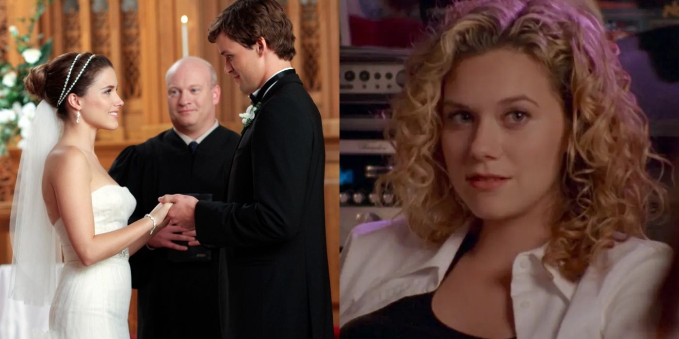 Split image of Brooke and Julian's wedding and Peyton looking serious on One Tree Hill