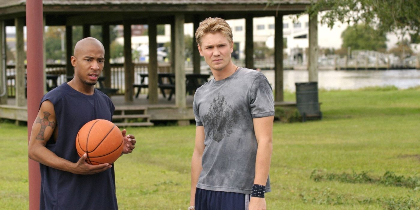 Skills and Lucas playing basketball outside on One Tree Hill