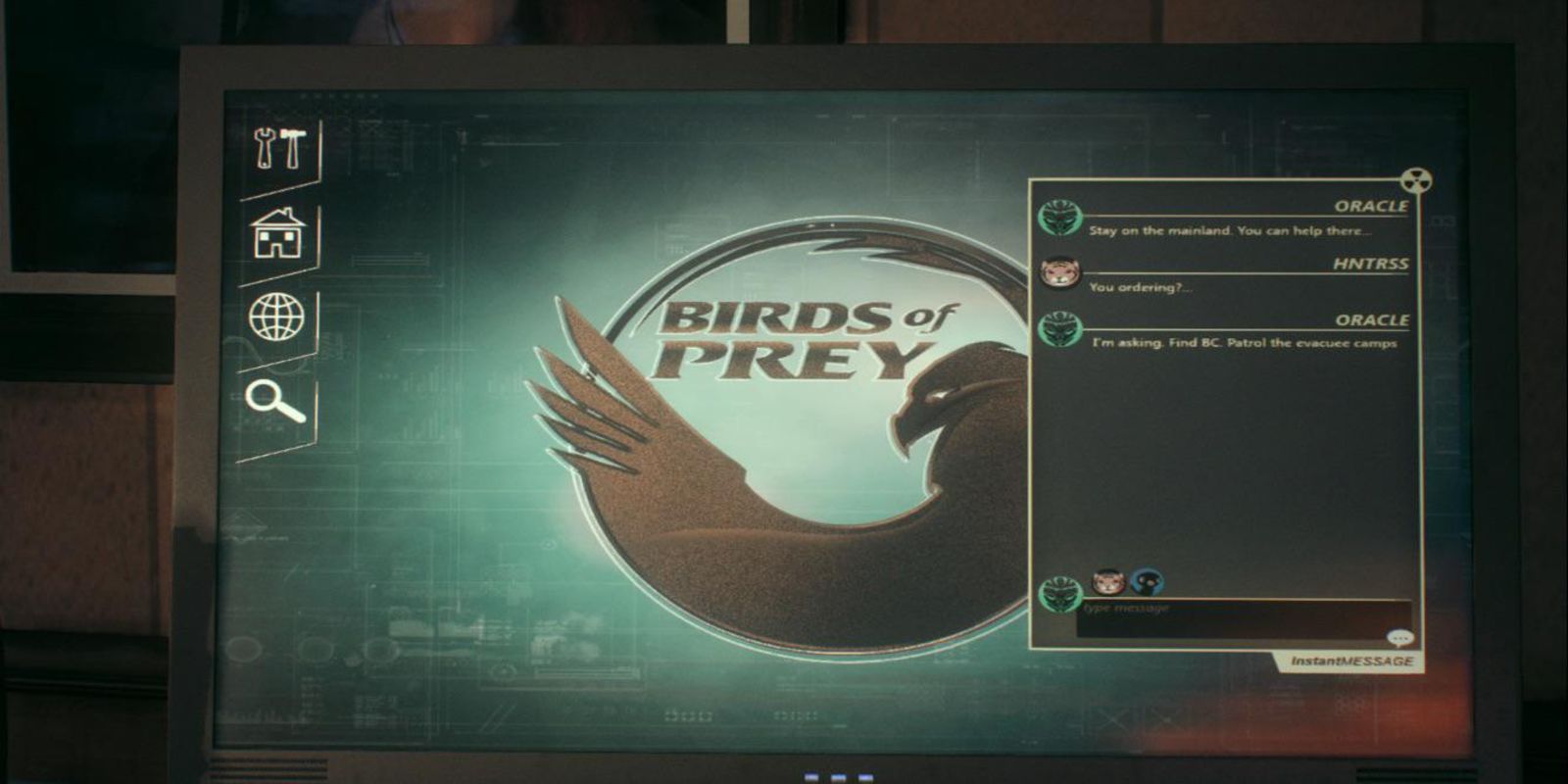 Computador da Oracle com a sala de bate-papo Birds Of Prey em Batman: Arkham Knight
