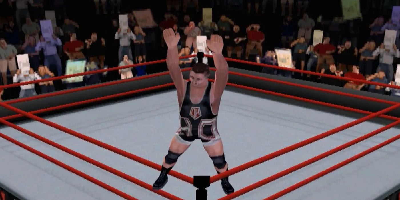 A wrestler celebrates victory from WWF Attitude 