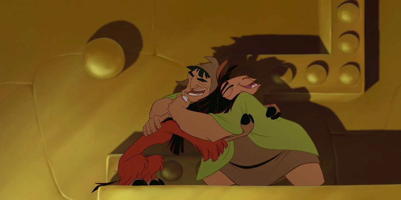 Pacha and Kuzco hug each other in Disney's The Emperor's New Groove