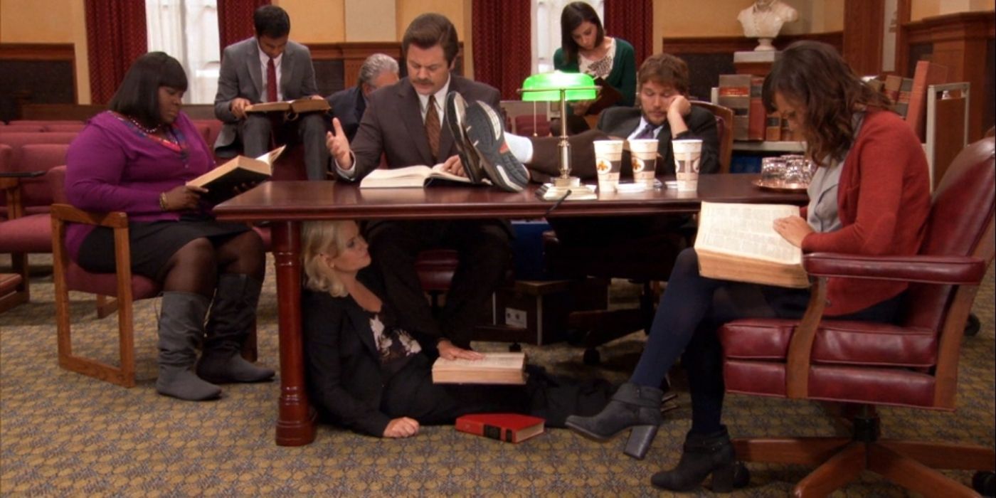 Leslie and her co-workers during her trial in Parks and Recreation