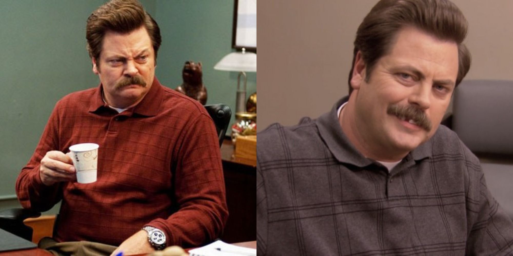 Split image showing Ron holding a cup of coffee and showing off his missing tooth in Parks and Recreation