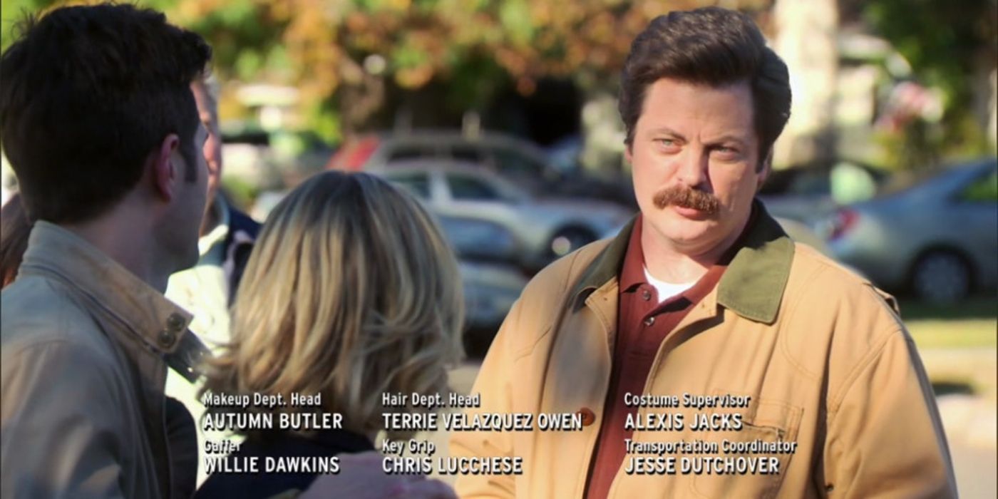 Ron talking to Leslie and Ben in Parks and Recreation.