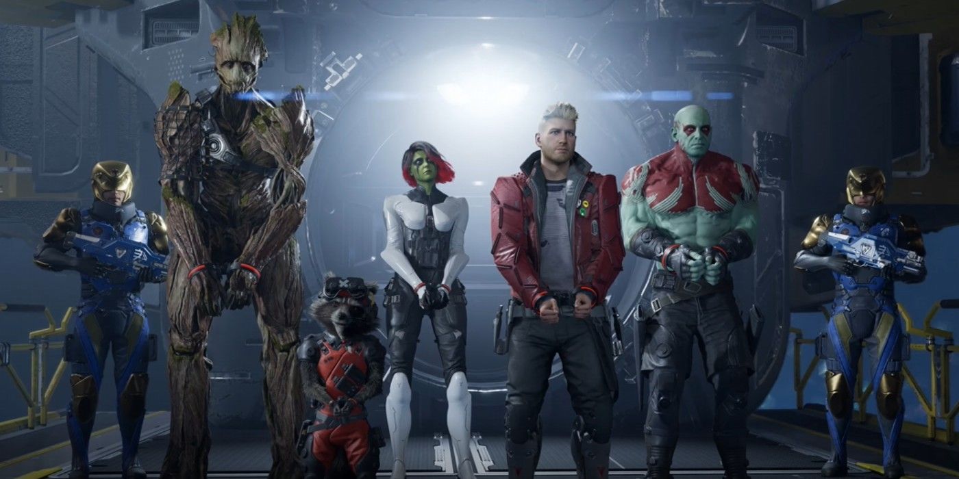The Guardians in shackles lined up for questioning in Marvel's Guardians Of The Galaxy