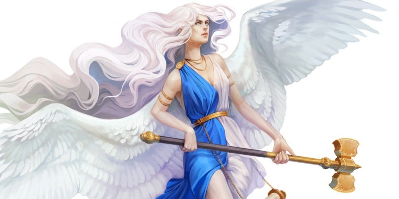 An angel character from Pathfinder: Wrath of the Righteous, wielding a hammer.