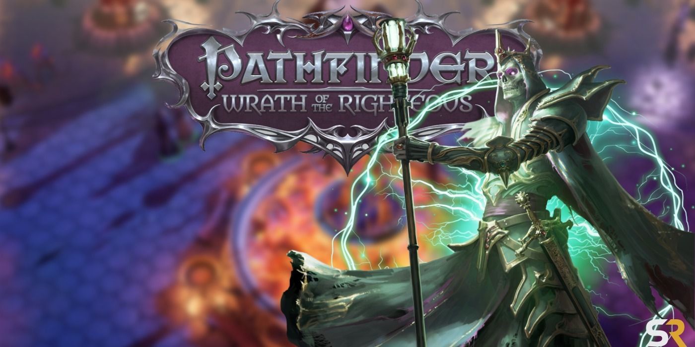 Pathfinder: Wrath of The Righteous' logo superimposed over a blurry image of in-game combat and a lich even further forward in the frame.
