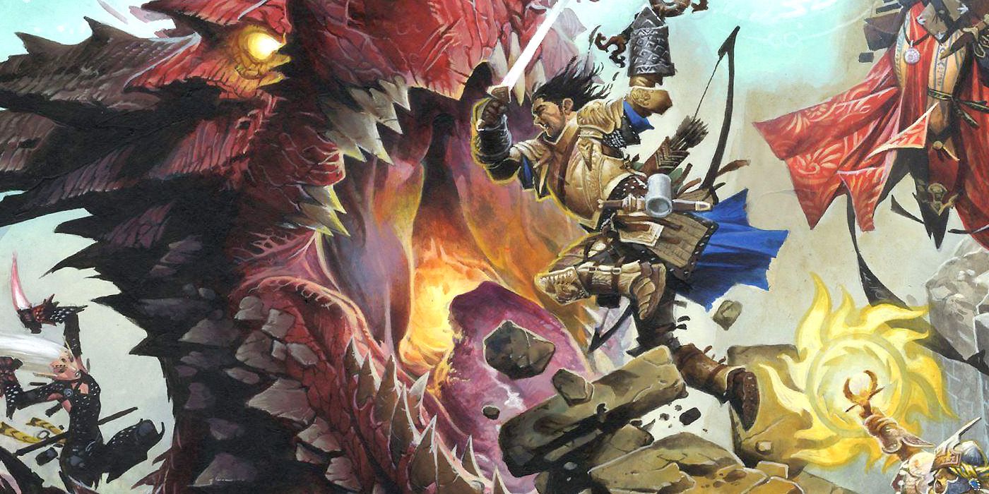 Pathfinder heroes battle a Mythic Path red dragon