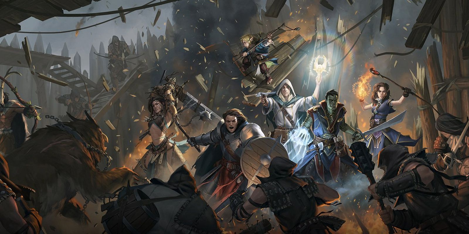 Arte promocional de Pathfinder, con un grupo de personajes atacados por una multitud enojada.