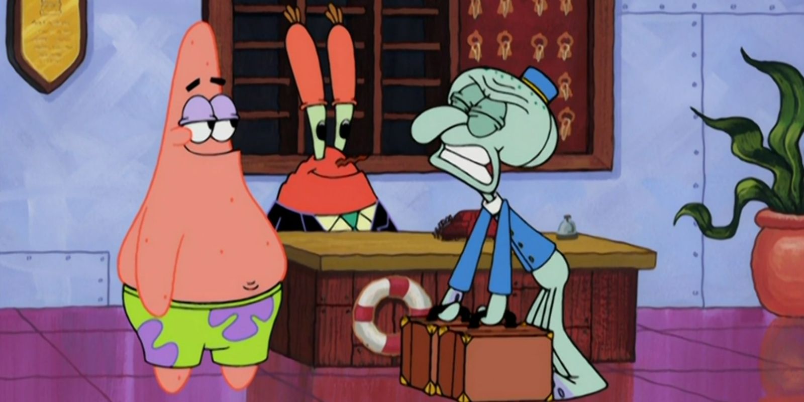 Patrick and Mr. Krabs smile watching Squidward struggle to lift luggage in Krusty Towers of SpongeBob SquarePants