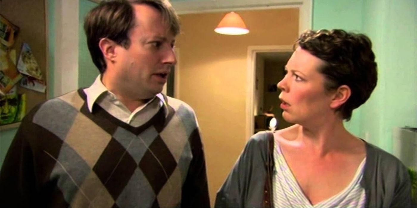 Mark and Sophie look at each other with surprised expressions in Peep Show