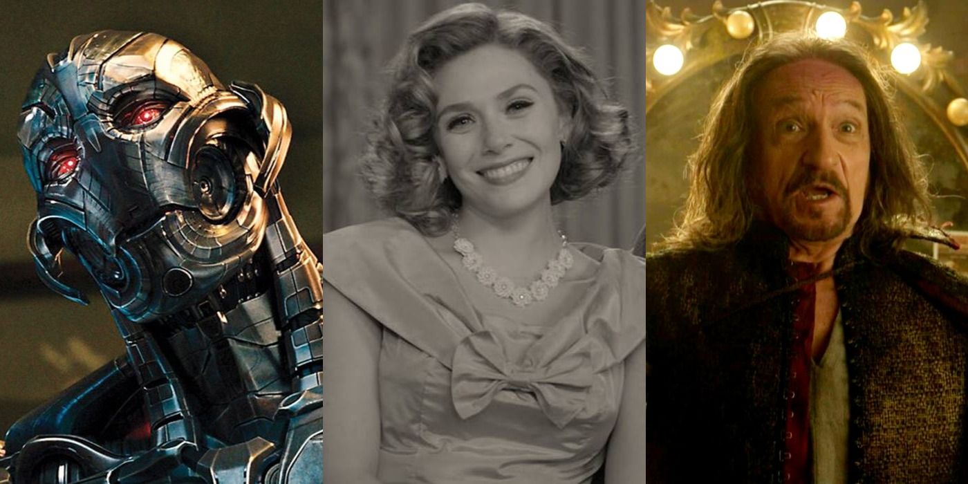 A split image of Ultron, a black and white image of Wanda smiling, and Trevor Slattery in the MCU.