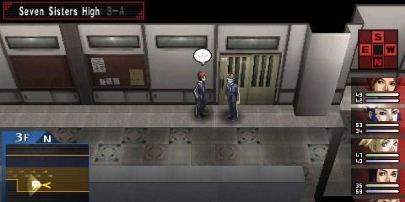Two characters talking in a school hallway in Persona 2: Innocent Sin