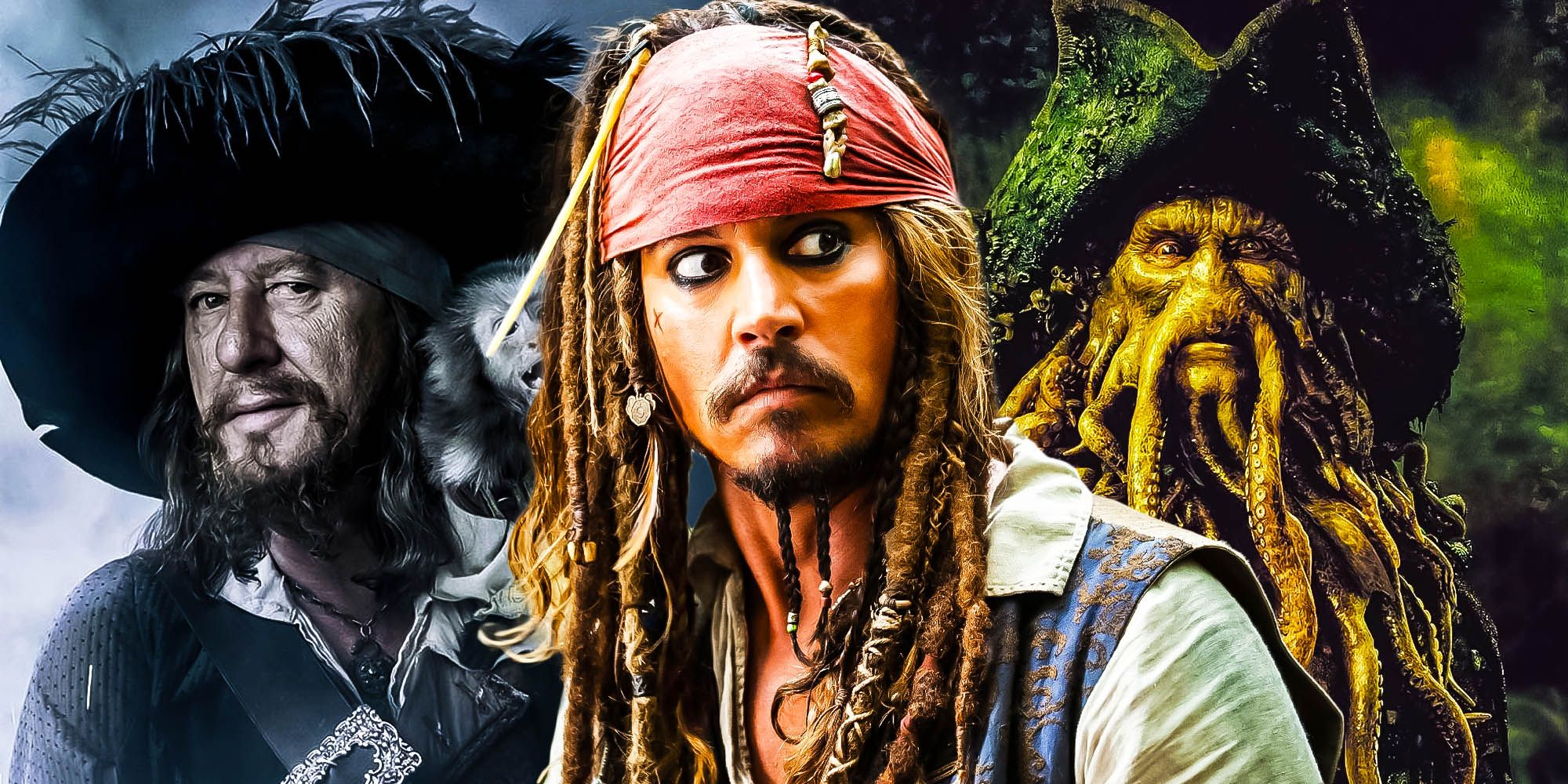 Pirates of the Caribbean collage of Barbossa, Jack Sparrow, and Davy Jones