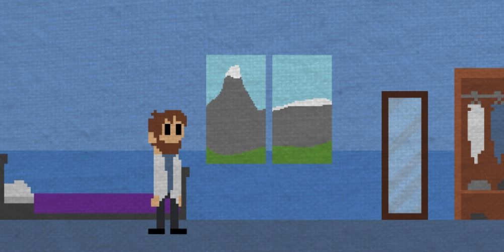 Pixelated scene of a man in a room in the flash game One Chance