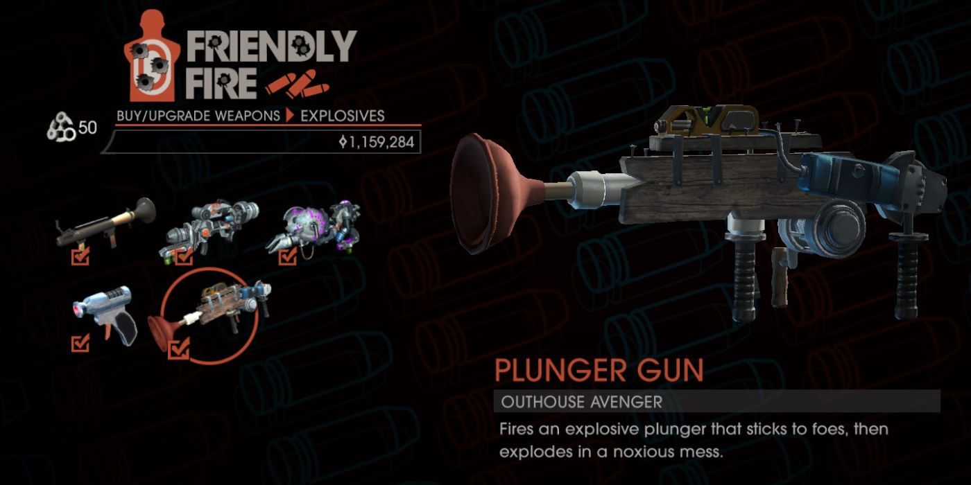 A screenshot of the Plunger Gun in the weapon selection screen in Saints Row IV.