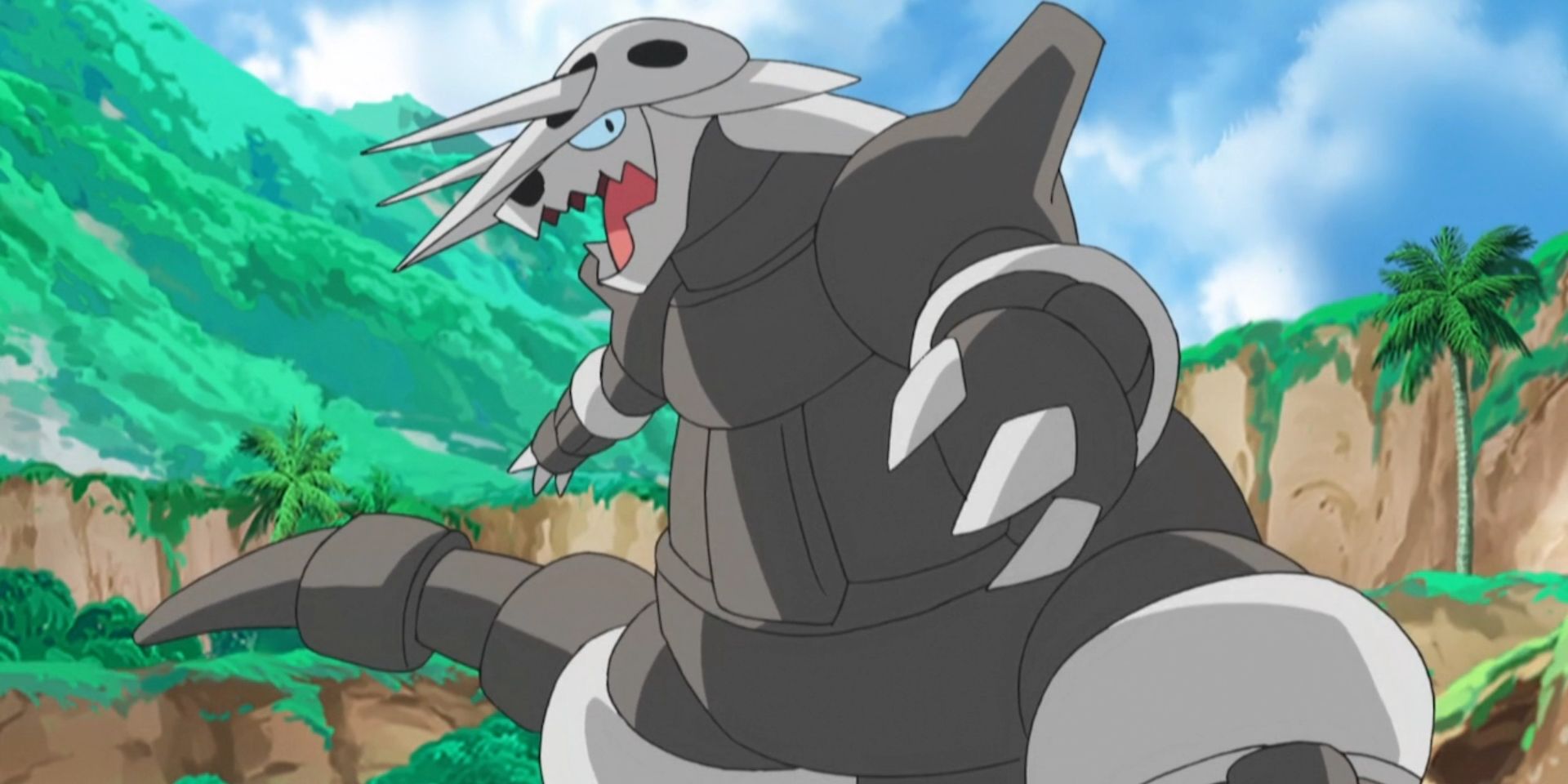 Aggron stands ready to attack in the Pokémon anime.
